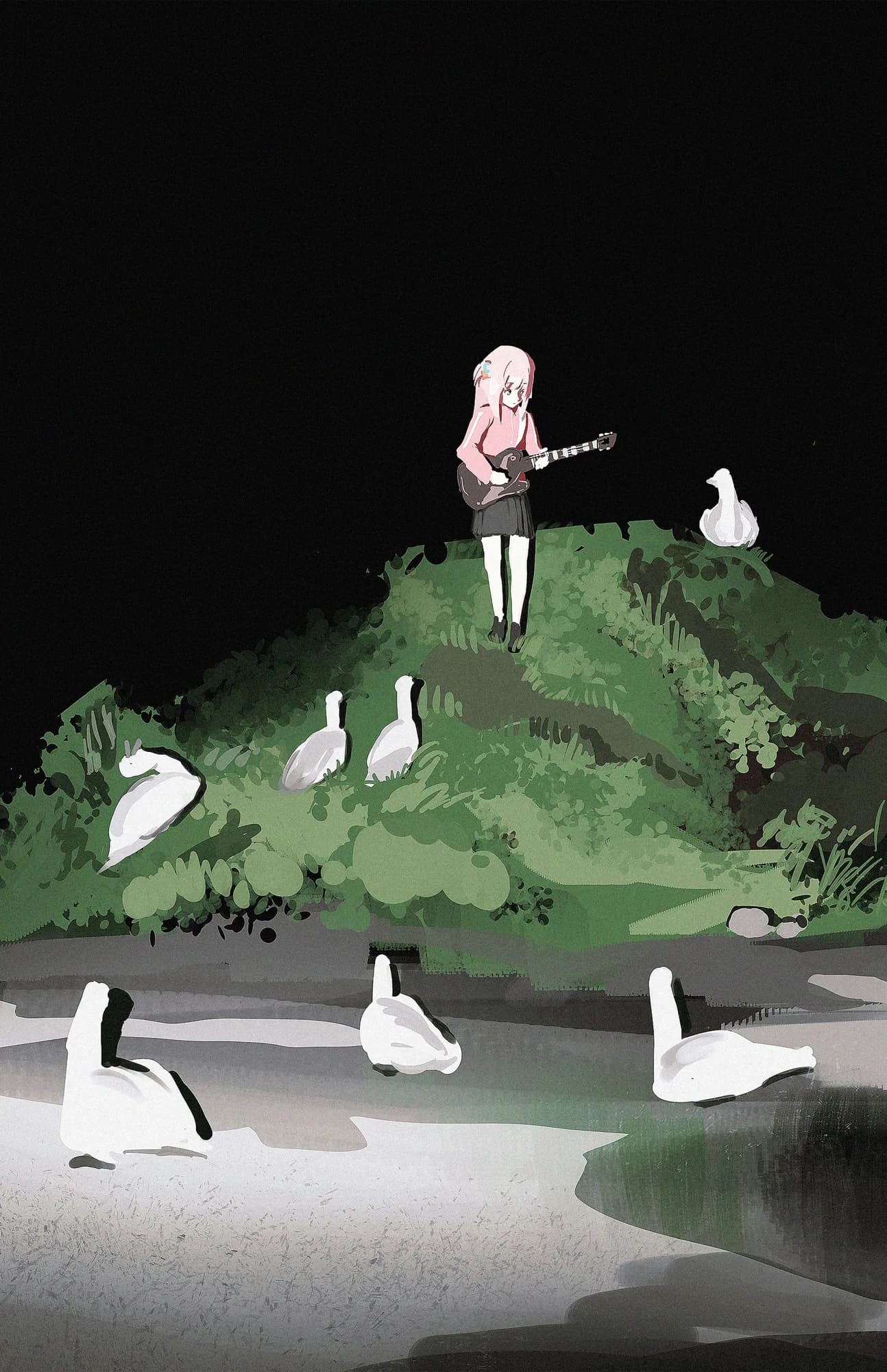 White geese gather on a small green island beneath a dark sky
